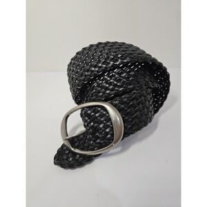 Chico's 2" Wide Braided Leather Waist Belt Size M/L Black Leather Silver Buckle